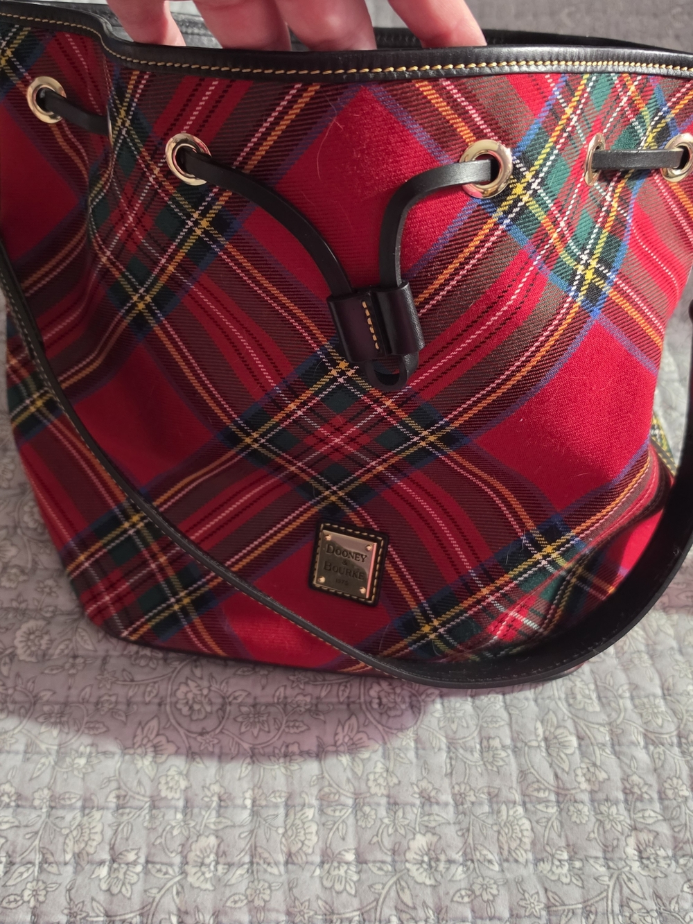 Dooney & Bourke Red Tartan Plaid Drawstring Tote
